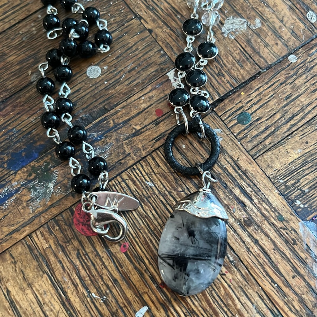 Ny Black And Crystal Beaded Long Necklace With Stone 36” Round